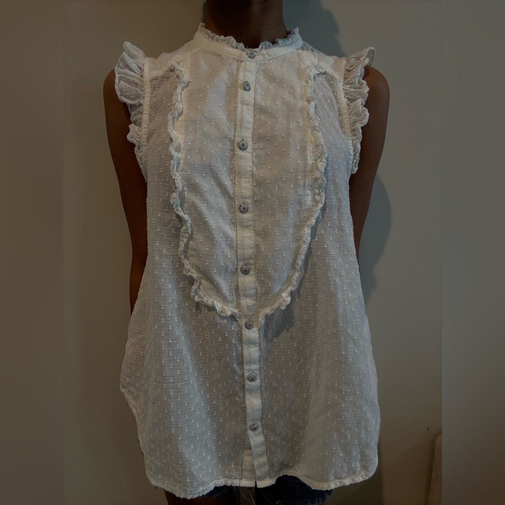 Anthropologie Athérbone White Ruffle Button-Down Blouse